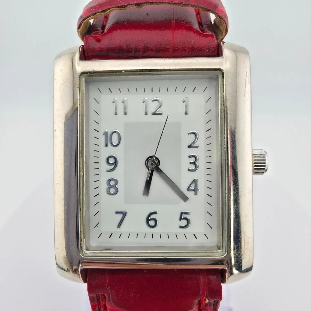 Ladies Watch Rectangle Stainless Steel Case Red Alligator Leather Band 8